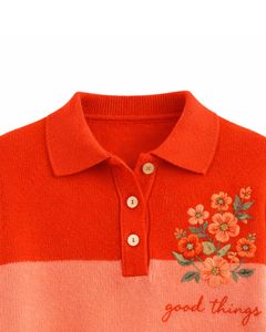 Suéter de Punto con Cuello Polo para Mujer, Color Naranja Melocotón, Bloques de Color, Bordado Floral, Jersey de Manga Larga, Top de Invierno, Personalizado, OEM, Venta al por Mayor - Product Image 5
