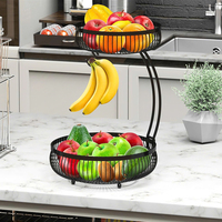 Panier à fruits et légumes à 2 niveaux en fer avec porte-bananes, noir, 64 onces