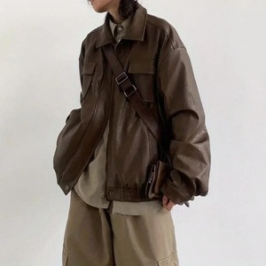 Veste de moto en cuir PU rétro neutre d'automne manteau en faux cuir ample double poche poitrine veste de couple à revers - Product Image 2