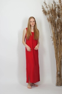 Nuevo Vestido Maxi Rojo de Algodón, Silueta en A, Sin Mangas, con Cinturón, Formal, para Invitadas de Boda, Ecológico, para Mujer - Product Image 2