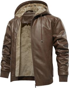 Nueva chaqueta de moto con capucha de cuero genuino para hombre, impermeable, a prueba de viento, informal, con cremallera y forro de Sherpa - Product Image 2