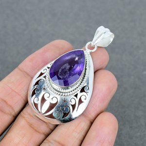 Natural Amethyst <b>Silver</b> Brass Pendent 925 <b>Silver</b> Plated Prong Set Pear Shape <b>Birthstone</b> Wholesale Jewelry <b>Necklace</b> Gift For Her - Product Image 3