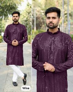 Pyjama Kurta en rayonne de qualité supérieure pour hommes, nouvelle collection de vêtements de fête avec broderie et paillettes des deux côtés - Product Image 3