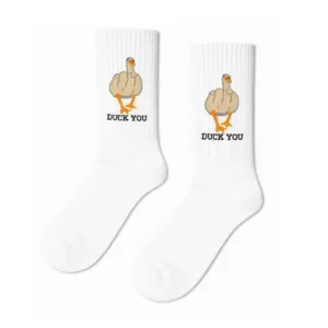 Chaussettes de tennis blanches imprimées « Duck You », style sportif quotidien, respirantes, impression numérique, en spandex et polyester - Product Image 1