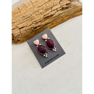 Boucles d'oreilles pendantes Navajo faites à la main en argent sterling et pierres multicolores, motif cœur - Product Image 4