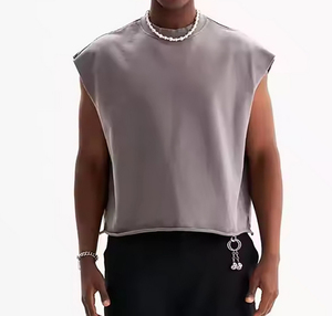 Poids lourd 100% coton surdimensionné recadrée été sans manches bords bruts col rond Street Wear T-Shirt pour hommes - Product Image 1