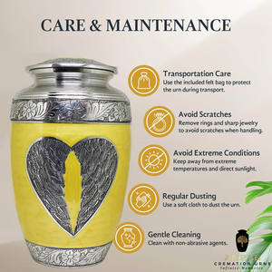 โกศบรรจุอัฐิสำหรับผู้ใหญ่ สีเหลือง สไตล์อเมริกัน/ยุโรป พร้อมปีกหัวใจสีเงิน ขนาด 10 นิ้ว เป็นมิตรกับสิ่งแวดล้อมและทนทาน - Product Image 5