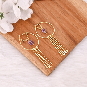 Pendientes de Botón de Latón Chapado en Oro de Estilo Clásico, Pendientes de Piedras Preciosas de Amatista, Joyería para Mujer para Bodas, Fiestas, Regalo Perfecto - Product Image 3