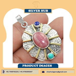 Colgante de Plata de Ley 925 hecho a mano con piedras preciosas de Rodocrosita natural, diseño minimalista sólido, colgantes finos de forma ovalada - Product Image 2