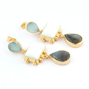 Vintage Geometric <b>Earrings</b> Chalcedony White Agate Labradorite Three Stone Gold Plated Designer <b>Stud</b> Dangle for Gift - Product Image 3