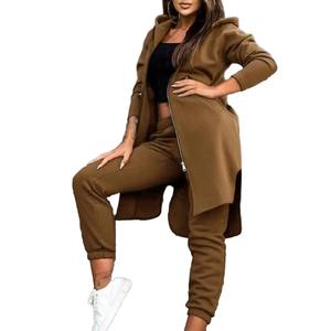 Respirant femmes costume femmes manteau à capuche pantalon ensemble avec irrégulière à manches longues polaire survêtement taille élastique - Product Image 1