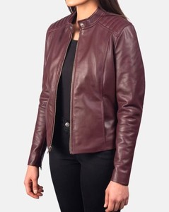 Wine <b>Red</b> Genuine <b>Leather</b> Winter <b>Jacket</b> for <b>Women</b> Slim Fit Biker Outerwear Stand Collar Zipper Front Custom Logo Regular Length - Product Image 3