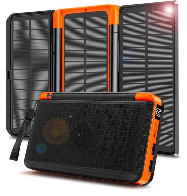 Solar Power Bank 18400mAh Wireless Charger USB-C Fast Charging 15W 4 Ports Outdoor Lithium-Polymer Dual LED Flashlights