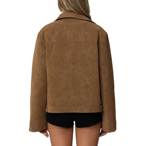 Veste en cuir suédé marron véritable pour femmes, coupe ajustée, avec col montant et revers doux et respirant, teint uni pour l'hiver - Product Image 2