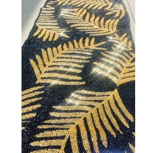 Chemin de table brodé de perles noires dorées Design de feuilles Décor tropical pour la maison Hôtels Mariages Noël-Matériau en coton - Product Image 2