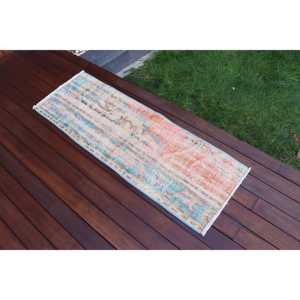 Alfombra Turca Vintage de 1.5x4.6 pies, Ecológica, con Diseño de Patchwork en Tonos Azul y Naranja, de Lana con Base de Látex - Product Image 2