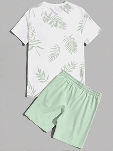 Men's Printed Summer Casual Short <b>Set</b> 100% Cotton Breathable Lightweight Beige Home Wear - Product Image 3