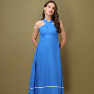 Women's Solid Fit and Flare Maxi Sleeveless Halter Neck <b>Dress</b> - Product Image 1