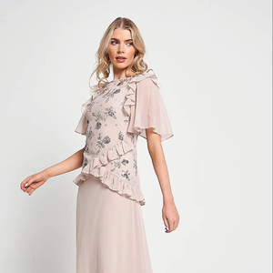 Manches papillon A-ligne Maxi robe de soirée brodée à la main couleur nue vêtements de cérémonie grande taille pour les cocktails - Product Image 1