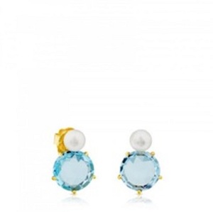 Pendientes de plata de ley 925 con gema de Topacio Azul y Perla, pendientes redondos, novedad - Product Image 1