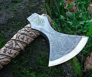 Hacha Vikinga Hecha a Mano de Acero con Alto Contenido de Carbono, Mango de Acero de Grado Industrial, Funda de Cuero, para Campamento, Uso Diario al Aire Libre, Supervivencia - Product Image 2