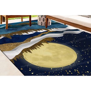 Alfombra con Estampado de Estrellas Doradas: Diseño Moderno de Paisaje de Montaña Abstracto, con Pelo Suave - Product Image 2