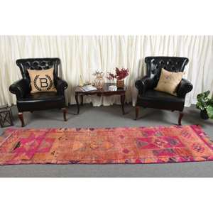 Tapis en laine tissé plat rose orange vintage de 2,6x9,8 pieds, motif patchwork turc pour décor de salon, largeur de 4m avec support en latex - Product Image 3