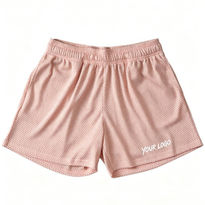 Shorts pour hommes en maille rose simple, à cordon de serrage, taille haute, séchage rapide, respirant, décontracté, pour le basketball, avec logo personnalisé, rayé, longueur courte - Product Image 1