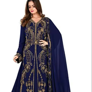 Robe Kaftan Abaya longue ethnique pour femmes Awaais House, à col haut, ornée de perles et de paillettes, taille plus, légère, pour les prières de l'Aïd - Product Image 1