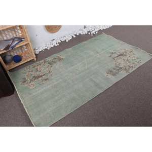 Tapis en laine floral vintage turc classique vert et marron 3.8 'X 6.6' Design patchwork abstrait avec support en latex pour adolescents - Product Image 2