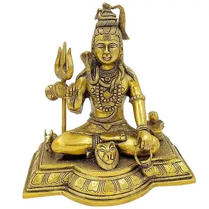 10" Brass Shiva Murti Sitting Nandi Shivling Wearing Rudraksha Mala with Trishul and Damru Statue for Housewarming Mandir Gift