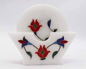 White Marble Inlay <b>Coaster</b> <b>Set</b> <b>with</b> Floral Design Artistic Round <b>Coasters</b> <b>with</b> <b>Holder</b> Elegant Drinkware for Home Decor - Product Image 4