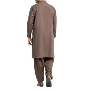 Warm Brown Mens Shalwar Kameez Set Con Side Slit Kurta Y Minimalist Band Collar Design - Product Image 5