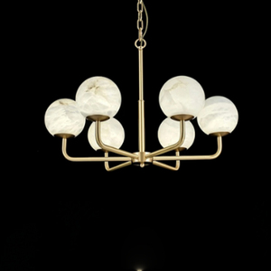 Lustre moderne en laiton à hauteur réglable givré 6 globes en marbre pour intérieur luxueux hall de maison ou d'hôtel - Product Image 3