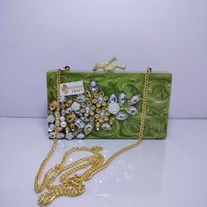 Bohemian Style Fashionable <b>Green</b> Resin Designer Clutch <b>Purse</b> Handcrafted with Marble Agate Inlay for Summer - Product Image 1