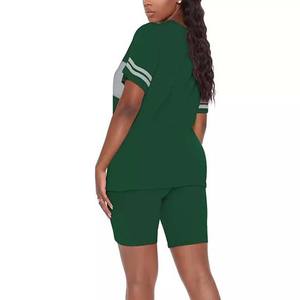 2025 prix de gros haute qualité vert et gris couleur col en V femmes ensemble court coton Polyester rayé Design femme ensembles jumeaux - Product Image 5