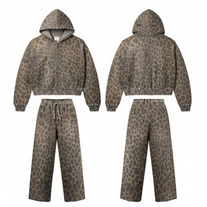 Wholesale Custom Men Leopard Streetwear Tracksuit Rhinestone Embroidery Hoodie and Flared Jogger <b>Sweatpants</b> <b>Set</b>. - Product Image 1