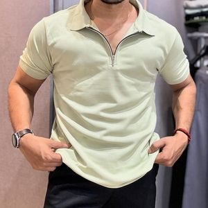 Camisa de Manga Corta para Hombre de Primera Calidad, Diseño con Cierre, Patrón Liso, Tela Satén de Spandex/Algodón, Estilo Urbano - Product Image 4