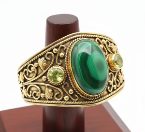 Rudra Gems, pulsera de cuentas de plata tibetana chapada en oro rosa bohemio para hombre, cabujón de malaquita, brazalete de piedras preciosas hecho a mano - Product Image 6