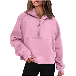Coton % Polyester Femmes Crop Top Hoodies Polaire Coton Pull Demi Zip up Sweats À Capuche Plaine - Product Image 3