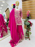 TENNECY Set Atasan Sharara Dupatta Pesta Pernikahan Diwali Motif Bunga Desain Terbaru Bahan Sutra Chinon Tebal Anti Kusut Panjang Hingga Mata Kaki Cepat Kering