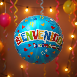Globo de Aluminio Bienvenido de 45 cm, Decoración para Fiestas, Mensaje de Bienvenida, Corazones y Estrellas Azules - Product Image 3