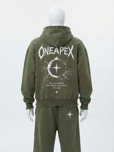 Custom Winter Printed Olive Green Washed Distressed Hoodie <b>Sweatpants</b> Set Oversized Fleece Tracksuit Streetwear Two-Piece Jogger - Product Image 4