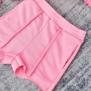 Haut court d'été avec logo personnalisé pour femmes ensemble court sweat-shirt à manches longues avec logo brodé décontracté et sexy ensemble court 2 pièces pour femmes - Product Image 5