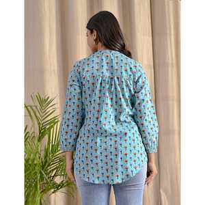 Blusa Azul Butti de Algodón con Botones Delanteros, Estampado Floral, Logotipo Bordado, Cuello con Volantes, Corte Holgado para Mujer, Talla XL, Estilo Coreano - Product Image 3
