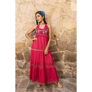 Robe maxi noire brodée pour femmes Broderie florale folklorique mexicaine Col halter Robe d'été - Product Image 4