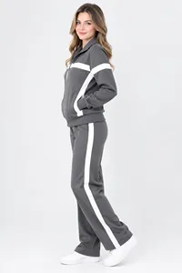 Women Gray Hooded Two Piece Tracksuit Full Sleeve Zipper Front Solid Color Casual <b>Jogging</b> Suit Side Pockets Elastic Waist Winter - Product Image 2