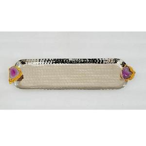 Plateau de service de luxe fait main en acier inoxydable plaqué argent avec poignée en agate, motif uni pour la décoration de table à la maison, plateaux à chocolat - Product Image 1