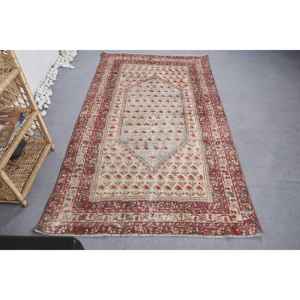 Classique Rouge Beige Vintage Turc Grand Tapis 4.3ft X 7.2ft Boho Style 10mm Épais Laine Latex Patchwork pour Couloir Chambre Décor - Product Image 1