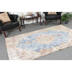 Alfombra turca Vintage de 5x8 ', lana azul y Beige, tejido plano, patrón de retazos, sala de estar alfombra para, respaldo de látex - Product Image 2